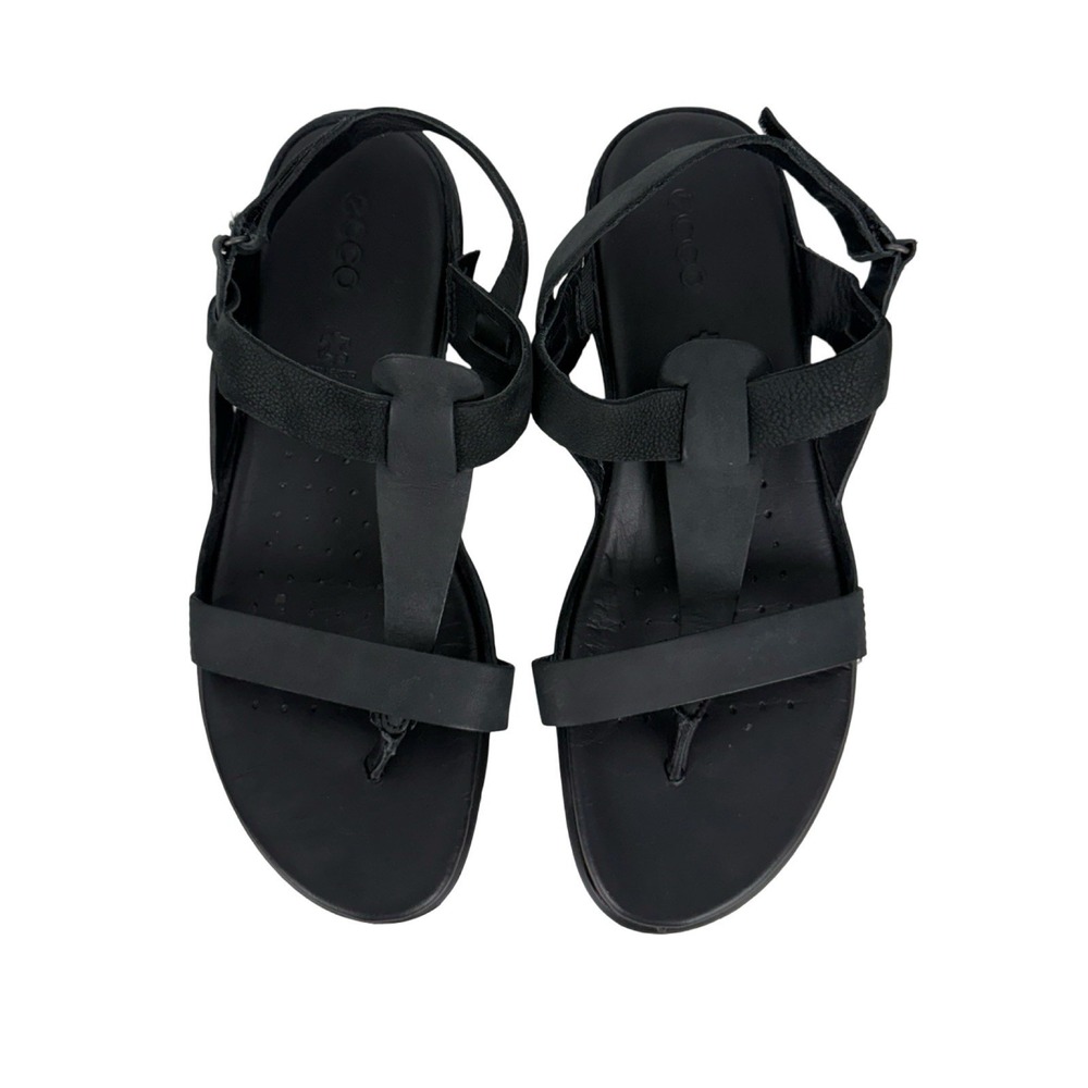 ECCO Flash Strappy Sandal Flat T-Strap Womens US 10 Black Leather Nubuck Comfort - Picture 9 of 10